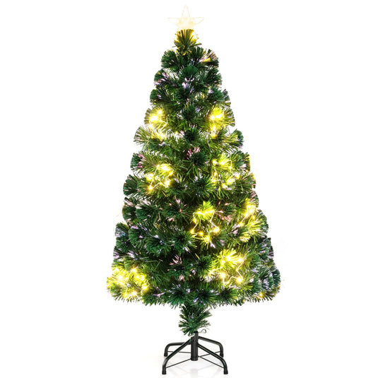 Goplus 4ft Pre-Lit Fiber Optic Christmas Tree, Top Star, 130 Branch Tips, Metal Stand, Office Home Decoration