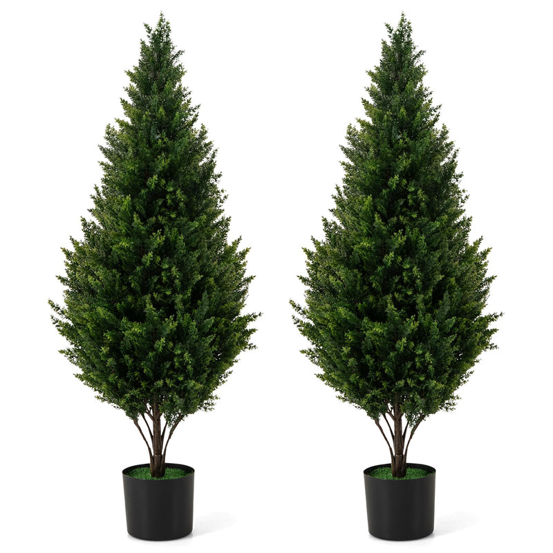 Load image into Gallery viewer, Goplus 4 FT Artificial Cedar Topiary Trees for Outdoors, Set of 2 Potted Fake Cypress Trees
