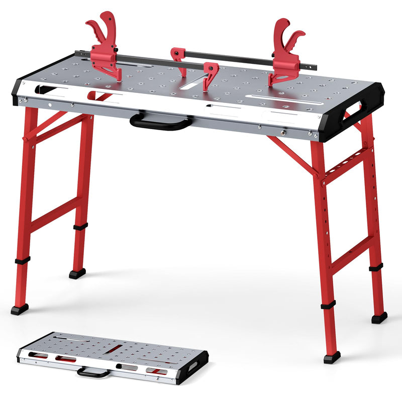 Load image into Gallery viewer, Goplus Welding Table 42&quot; x 21&quot;, Folding Height Adjustable Weld Workbench with 1000 LBS Capacity, 2 Bar Clamps, 8 Tool Slots
