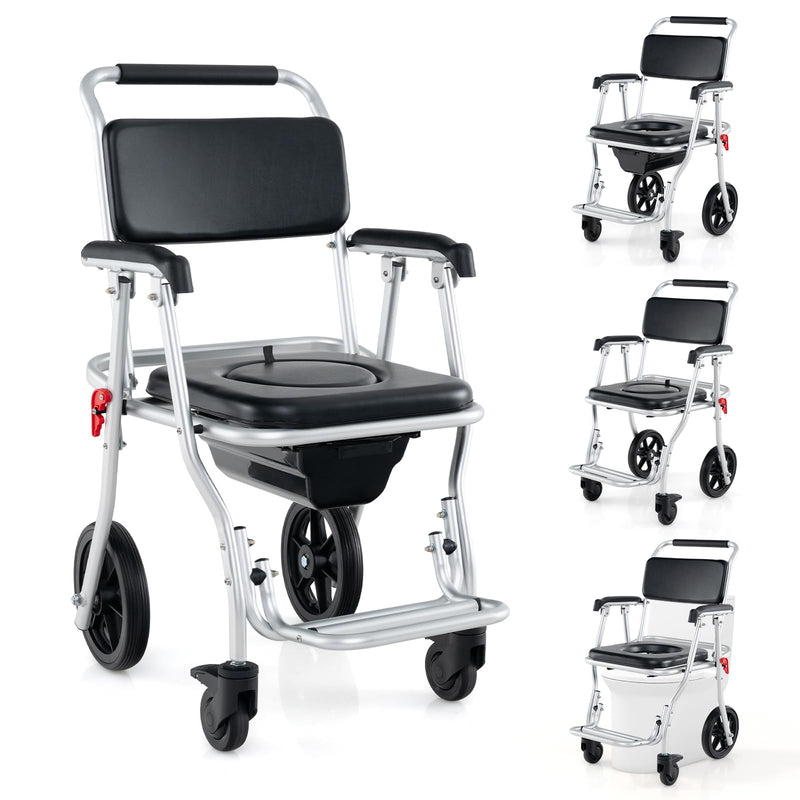 Load image into Gallery viewer, Goplus 4 in 1 Shower Commode Wheelchair, 330lbs Foldable Bedside Commode Chair for Toilet with Arms
