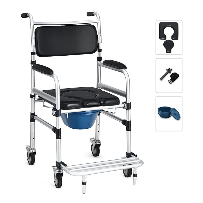 Load image into Gallery viewer, Goplus 4 in 1 Shower Commode Wheelchair, 330lbs Bedside Commode Chair for Toilet with Arms
