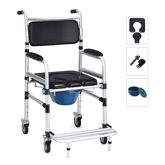 Goplus 4 in 1 Shower Commode Wheelchair, 330lbs Bedside Commode Chair for Toilet with Arms