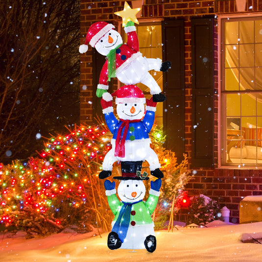 Goplus 6 ft Christmas Stacked Snowman, 3D Pre-Lit Snowman Decoration w/ 155 LED Lights