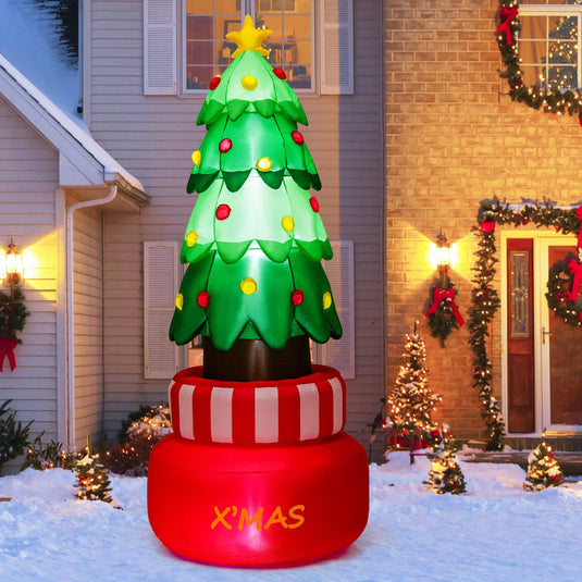 Goplus 8FT Tall Christmas Inflatables, LED Lighted Xmas Inflatable Rotating Tree Freestanding