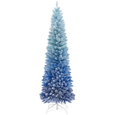 Goplus 6 FT Blue Gradient Snow Flocked Christmas Tree, Artificial Unlit Hinged Xmas Full Tree with 435 Lush Branch Tips