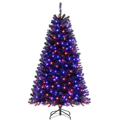 Goplus 6/7/8 FT Pre-Lit Black Halloween Tree, Artificial Hinged Christmas Tree with 280/380/500 Orange & Purple LED Lights