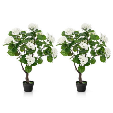 Goplus Artificial Hydrangea Tree, 2 Pack Fake Floral Plant w/11 White Flowers & Realistic Trunk in Plastic Nursery Pot