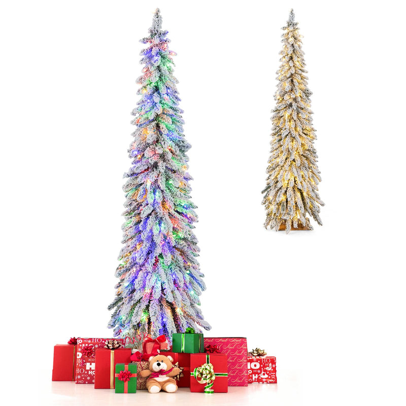 Load image into Gallery viewer, Goplus 6ft Pre-Lit Flocked Christmas Tree, Artificial Slim Pencil Xmas Tree with 250 LED Lights
