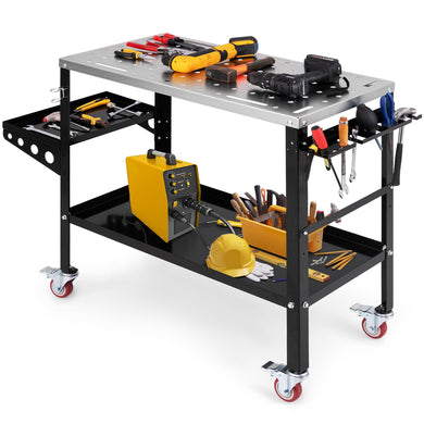 Goplus 36” x 18” Rolling Welding Table, 1200 lbs Welding Workbench on Wheels w/Tool Rack & Tray