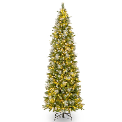 Goplus 9ft Pre-Lit Pencil Christmas Tree, Artificial Hinged Xmas Tree with 1228 Flocked Frosted Tips