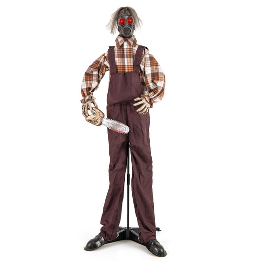 Goplus Halloween Animatronic Chainsaw Man, Halloween Prop with Gas Mask, Chainsaws, Red Light Up Eyes