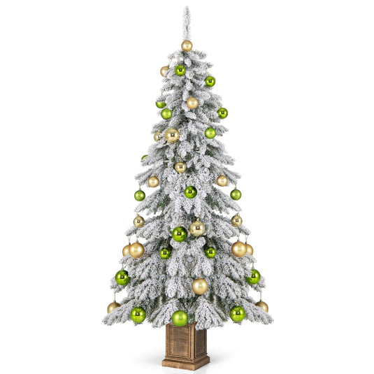 Goplus 6ft Snow Flocked Christmas Tree for Entrances, Hinged Artificial Potted Xmas Tree with 48 Ball Ornaments