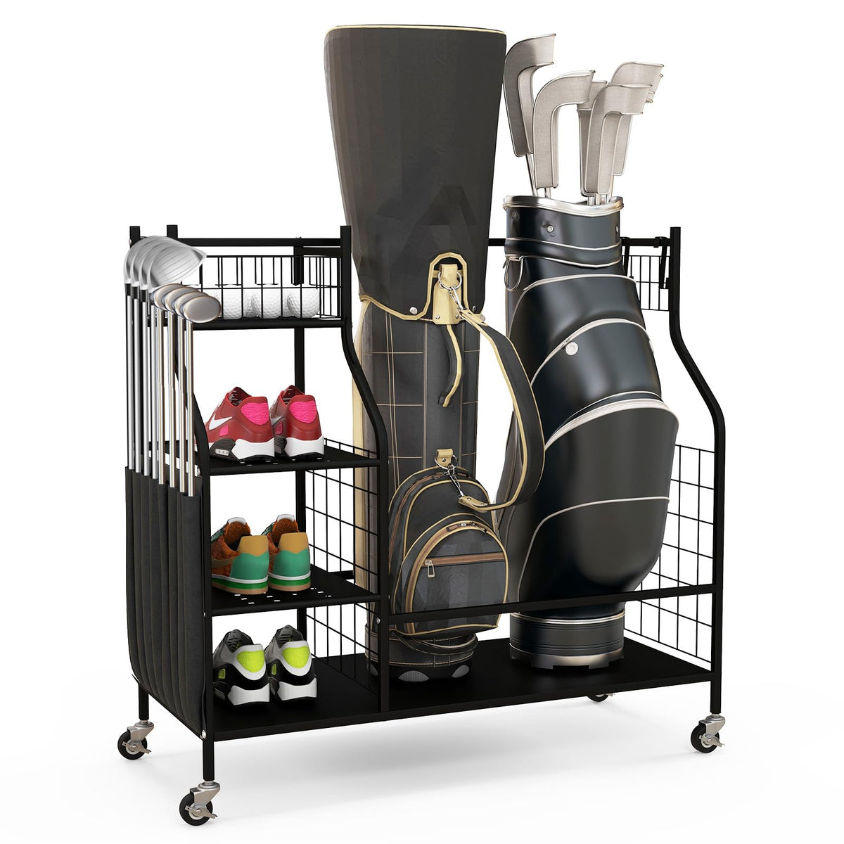Goplus Golf Bags Storage Garage Organizer, Golf Bag Rack with Lockable Universal Wheels for Golf Clubs