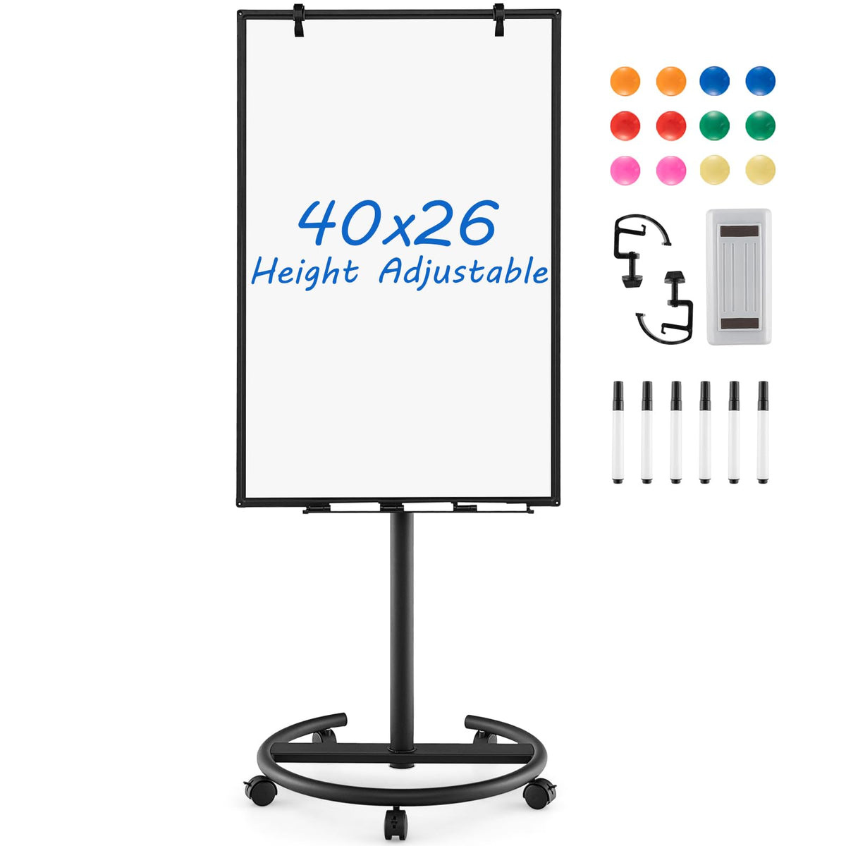 Goplus Mobile Whiteboard, 40” x 26” Height-Adjustable Dry Erase Board on Wheels