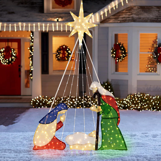 Goplus 6 FT Lighted Nativity Scene, Holy Family Set Christmas Decoration with 240 LED Lights