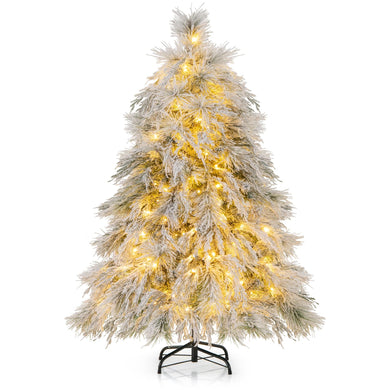 Goplus 4.5ft Pre-Lit Snow Flocked Christmas Tree, Artificial Hinged Full Xmas Tree with 279 PVC & Pine Needles