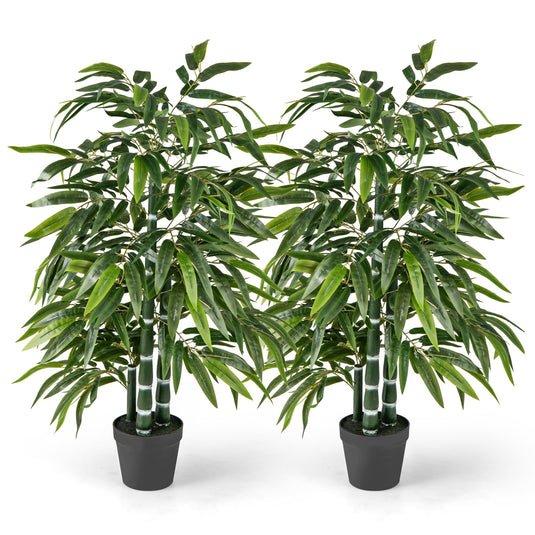 Goplus Artificial Bamboo Tree, 50" Tall Set of 2 Fake Bamboo Plant with 3 PE Bamboo Trunk & Flush Leaves