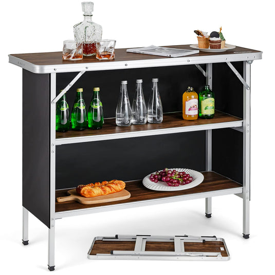 Goplus Folding Camping Table, Aluminum Portable Pop-Up Bar Table with 2-Tier Storage Shelves