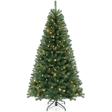 Goplus 7ft Pre-Lit Christmas Tree, Artificial Hinged Xmas Tree with 250 Warm White LED Lights