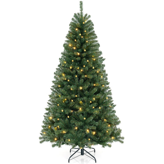 Goplus 7ft Pre-Lit Christmas Tree, Artificial Hinged Xmas Tree with 250 Warm White LED Lights