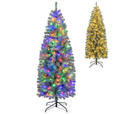 Goplus 6.5ft Pre-Lit Blue Slim Pencil Christmas Tree with 200 Warm White & Multicolored LED Lights, 9 Modes, 556 Branch Tips