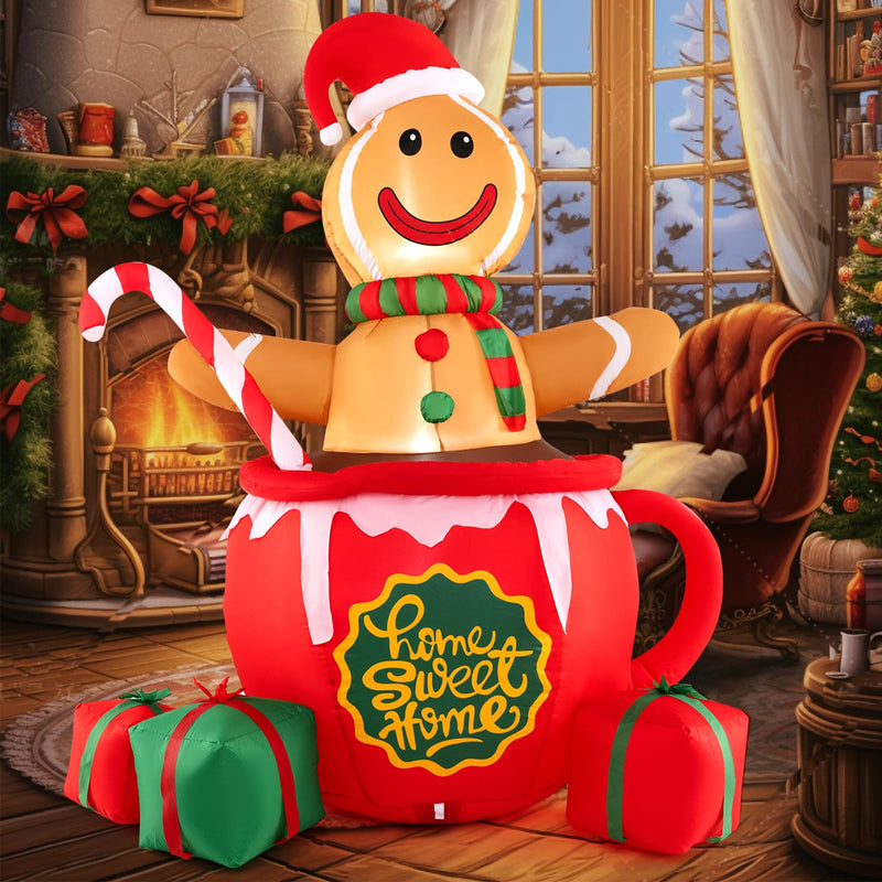 Load image into Gallery viewer, Goplus 7 Ft Christmas Inflatable, Blow up Pre-Lit Gingerbread Man in Mug with Gift Boxes &amp; Candy Cane
