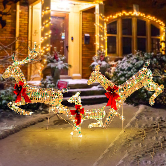 Goplus Christmas Lighted Reindeer, Set of 3 Reindeer Decorations with LED Lights and Red Bows