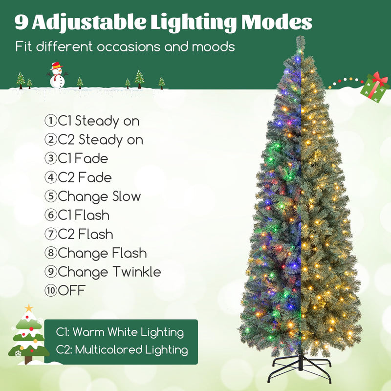 Load image into Gallery viewer, Goplus 7.5ft Pre-Lit Blue Slim Pencil Christmas Tree with 250 Warm White &amp; Multicolored LED Lights, 9 Modes, 724 Branch Tips
