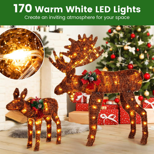 Goplus 2 Pieces Lighted Christmas Moose Family, Light-up Xmas Deer Decorations with 170 LED Lights