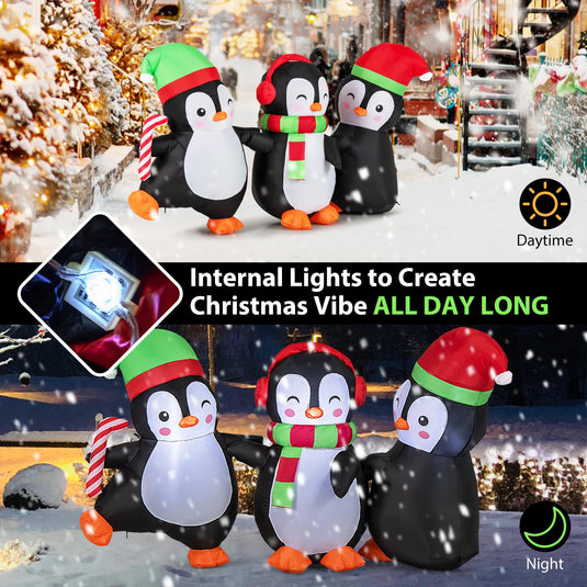 Goplus 6FT Christmas Inflatables, LED Lighted Xmas Inflatable Penguin Family Hand in Hand