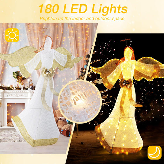 Goplus 5.2 FT Christmas Lighted Angel, Pre-Lit Winged Holiday Figure Angel with180 Warm White LED Lights