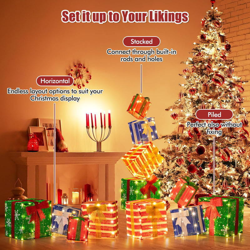 Load image into Gallery viewer, Goplus Lighted Gift Boxes, Set of 4 Stackable Pre-lit Box Decorations with Warm White LED Lights &amp; Pre-Assembled Ribbons
