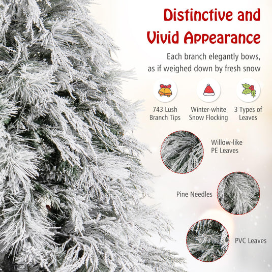 Goplus 7ft Pre-Lit Snow Flocked Christmas Tree, Artificial Hinged Full Xmas Tree with 743 PVC & Pine Needles