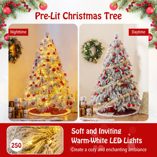 Goplus 6ft Pre-Lit Snow Flocked Christmas Tree, Artificial Hinged Full Xmas Tree with 519 PVC & Pine Needles