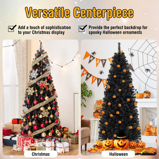 Goplus Black Pencil Christmas Tree, Pre-lit Artificial Halloween Tree