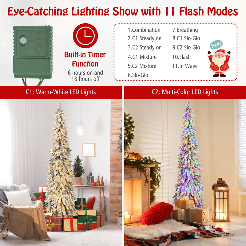 Goplus 6ft Pre-Lit Flocked Christmas Tree, Artificial Slim Pencil Xmas ...