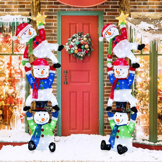 Goplus 6 ft Christmas Stacked Snowman, 3D Pre-Lit Snowman Decoration w/ 155 LED Lights