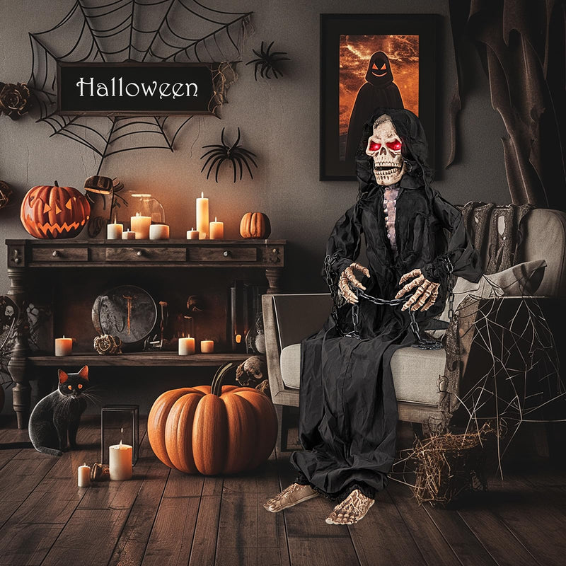 Load image into Gallery viewer, Goplus Halloween Animatronics, Animatronic Sitting Skeleton, Halloween Animated Moving Reaper with Light Up Eyes
