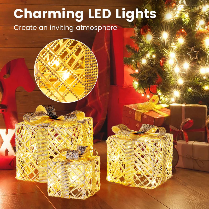 Load image into Gallery viewer, Goplus Set of 3 Christmas Lighted Gift Boxes, 90 LED Light up Present Boxes with Bows
