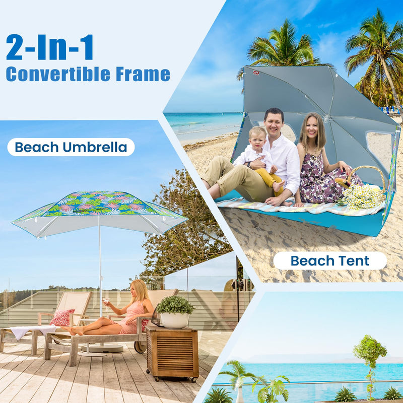 Load image into Gallery viewer, Goplus Convertible Beach Tent for 2-4 People, 2-in-1 Sun Umbrella with Roll-Up Windows, Dual Side Flaps
