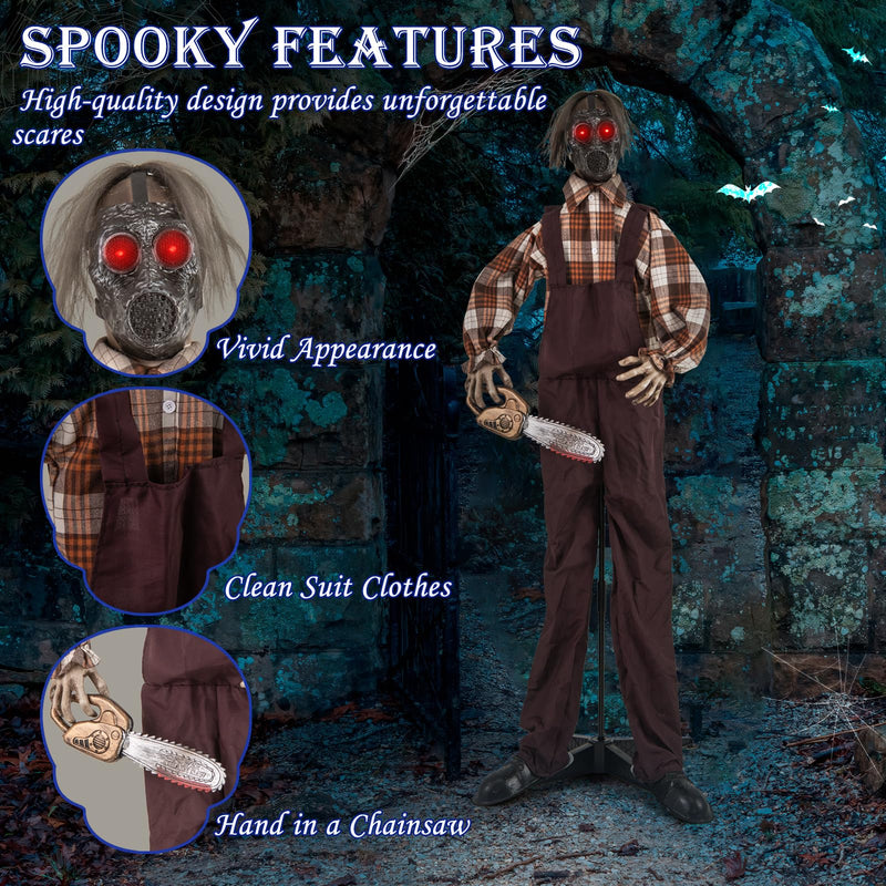 Load image into Gallery viewer, Goplus Halloween Animatronic Chainsaw Man, Halloween Prop with Gas Mask, Chainsaws, Red Light Up Eyes
