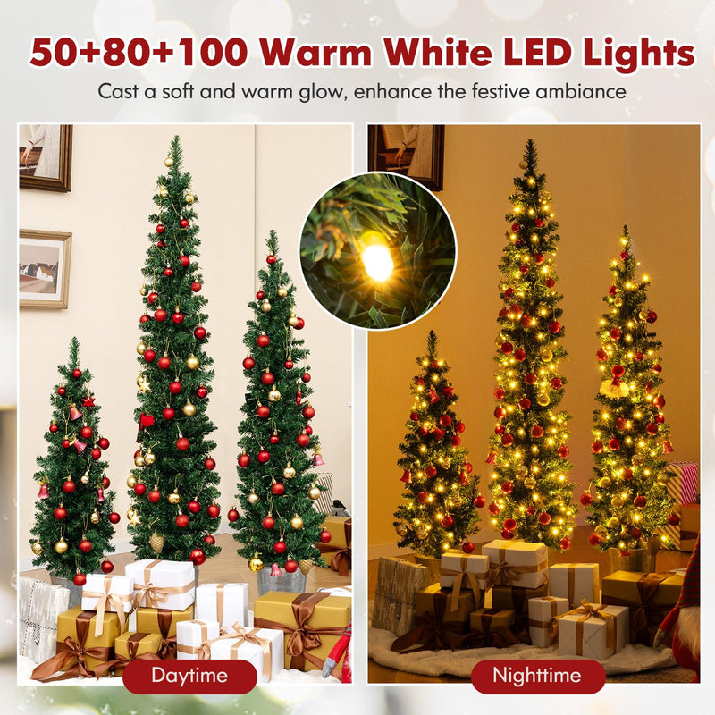 Load image into Gallery viewer, Goplus 3&#39; 4&#39; 5&#39; Pre-Lit Artificial Christmas Tree Set of 3, Slim Pencil Potted Xmas Tree with 423 Branch Tips, 230 Warm White LED Lights
