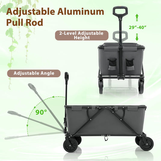 Goplus Collapsible Foldable Wagon, Heavy-Duty Wagon Cart w/Adjustable Handlebar, Bottle Holders & Storage Pocket