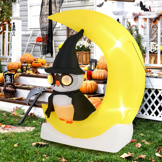 Goplus 5.1 Ft Halloween Inflatables, Pre-Lit Owl on The Moon with Witch Hat