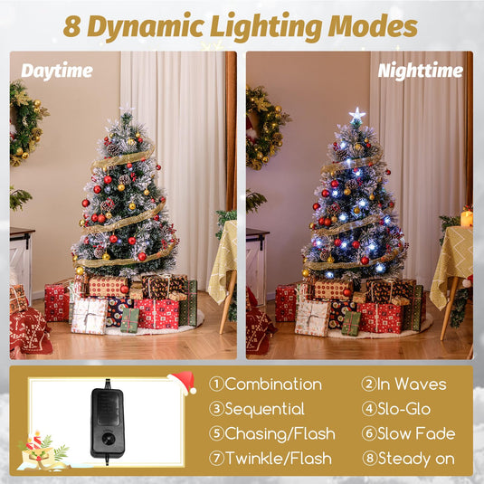 Goplus Pre-lit Fiber Optic Christmas Tree, Artificial Snowy Xmas Tree with 49 Cool White LED Lights