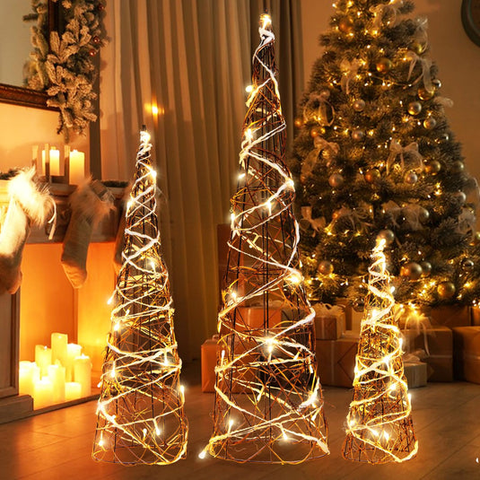 Goplus Set of 3 Large Christmas Cone Trees, 32” 24” 16” Indoor Christmas Trees w/Warm White LED Lights