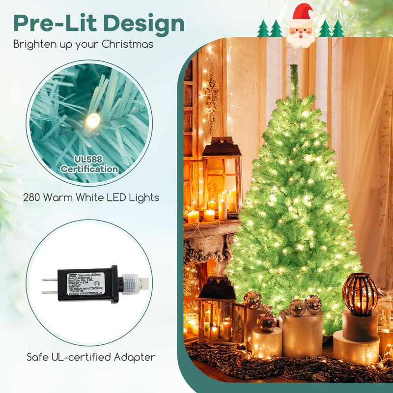 Load image into Gallery viewer, Goplus 6/7 FT Blue Pre-Lit Christmas Tree, Artificial Hinged Xmas Full Tree with 280/380 Warm White LED Lights
