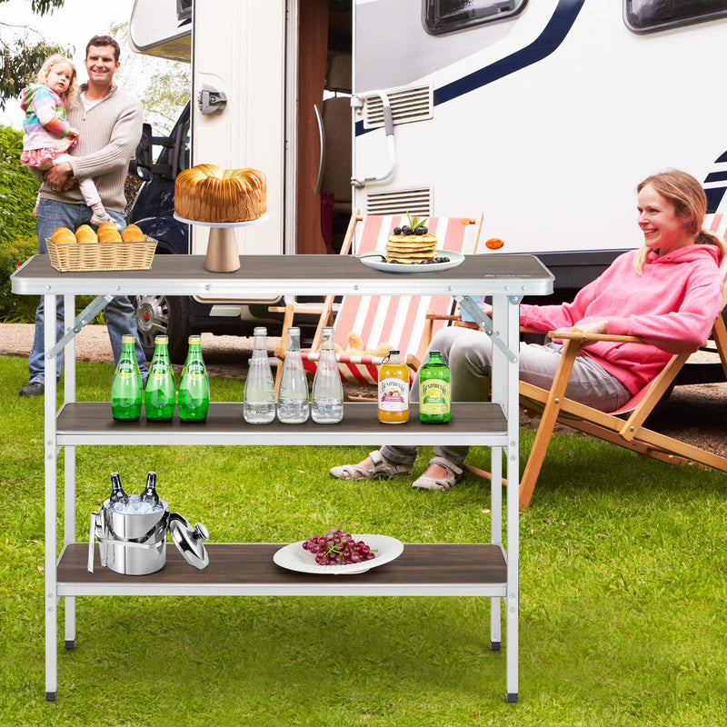 Load image into Gallery viewer, Goplus Folding Camping Table, Aluminum Portable Pop-Up Bar Table with 2-Tier Storage Shelves
