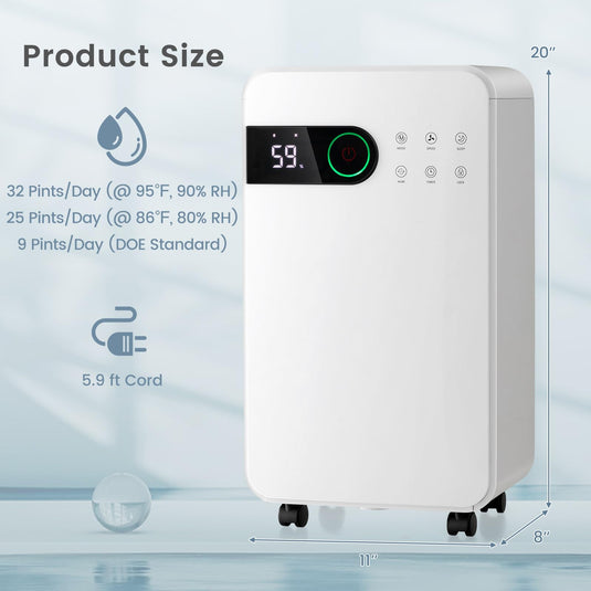 32 Pints Dehumidifier with Sleep Mode, 24H Timer, 3-Color LED Indicator Light & Child Safety Lock, for Space up to 2500 Sq. Ft