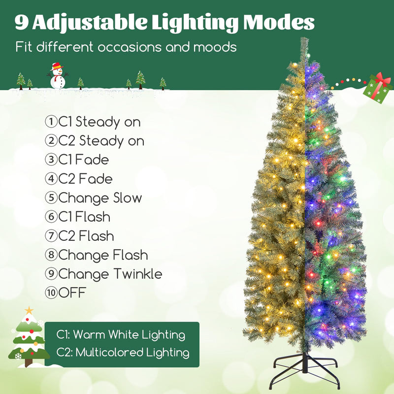 Load image into Gallery viewer, Goplus 6.5ft Pre-Lit Blue Slim Pencil Christmas Tree with 200 Warm White &amp; Multicolored LED Lights, 9 Modes, 556 Branch Tips
